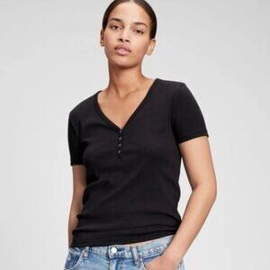 NWT GAP Black Ribbed Henley Tee Soft Knit